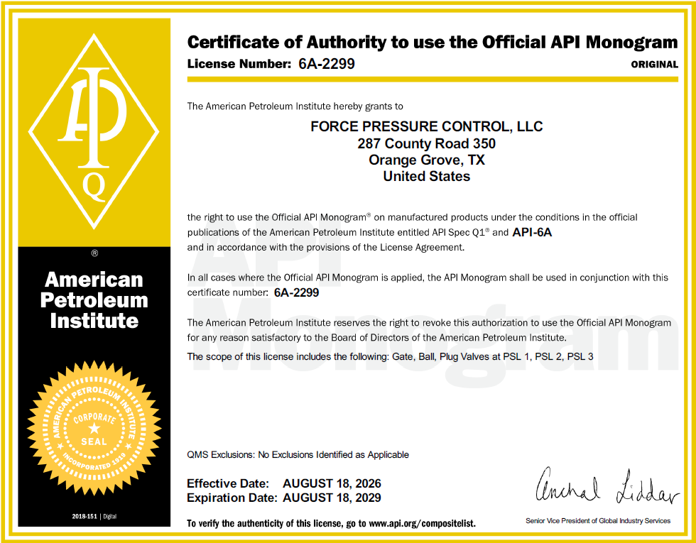 API 6A Monogram License 6A-2299, Force Pressure Control API 6A Monogram License 6A-2299, Force Pressure Control