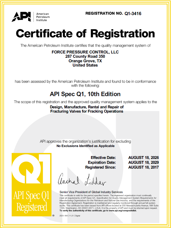 API Spec Q1 Registration Q1-3416, Force Pressure Control